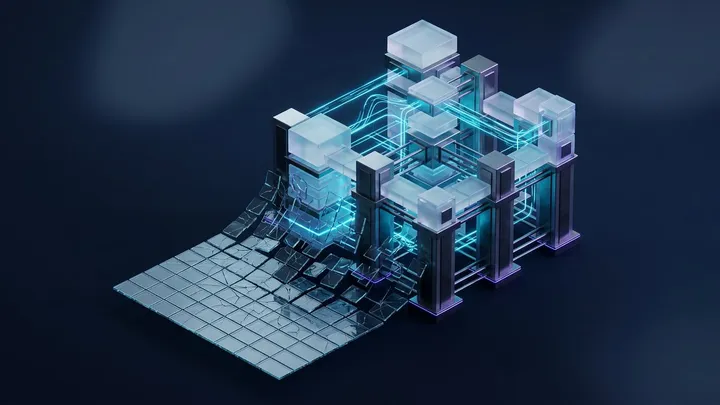 Fractured spreadsheet grid dissolving into glowing modular glass database blocks