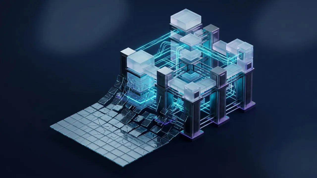 Fractured spreadsheet grid dissolving into glowing modular glass database blocks
