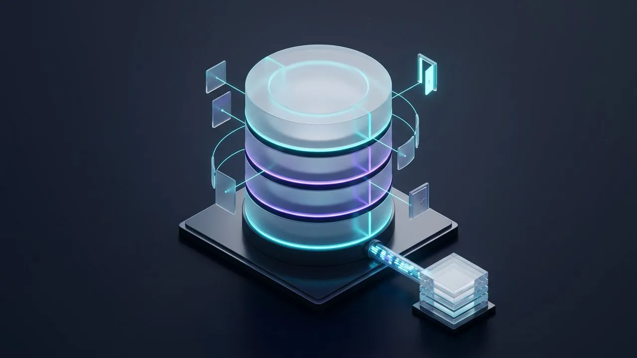 Isometric glass data vault with layered role access tiers and a glowing immutable audit pipeline